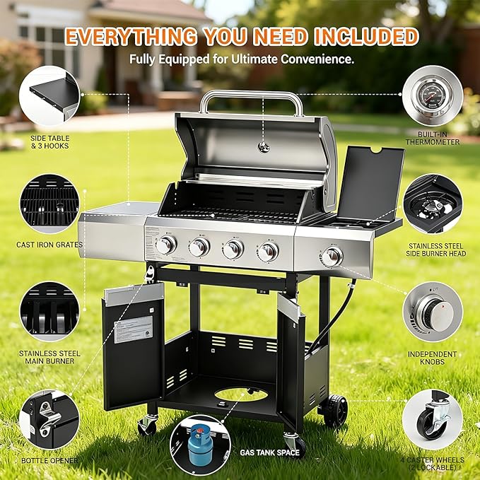 EUHOME 51,000 BTU 4-Burner Propane Gas Grill with Side Burner – Large 452 sq.in Stainless Steel BBQ Grill, Enameled Cast Iron Grates, 4 Swivel Casters & Protective Cover for Backyard Patio Family