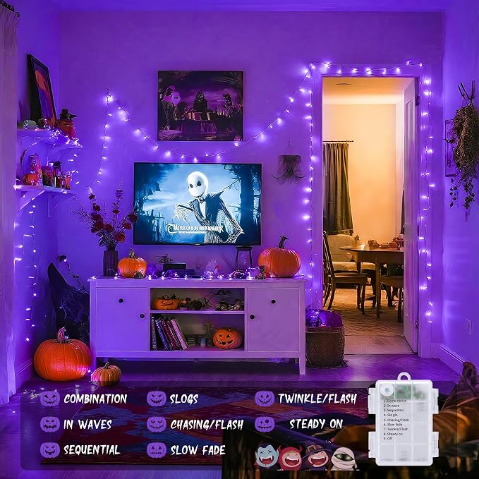 JMEXSUSS 33ft 100 LED Purple Halloween Lights Battery Operated, Waterproof | Halloween Decorations Lights with Remote Indoor Outdoor, Purple String Lights for Halloween Tree Room Proch Yard XMAS Decor