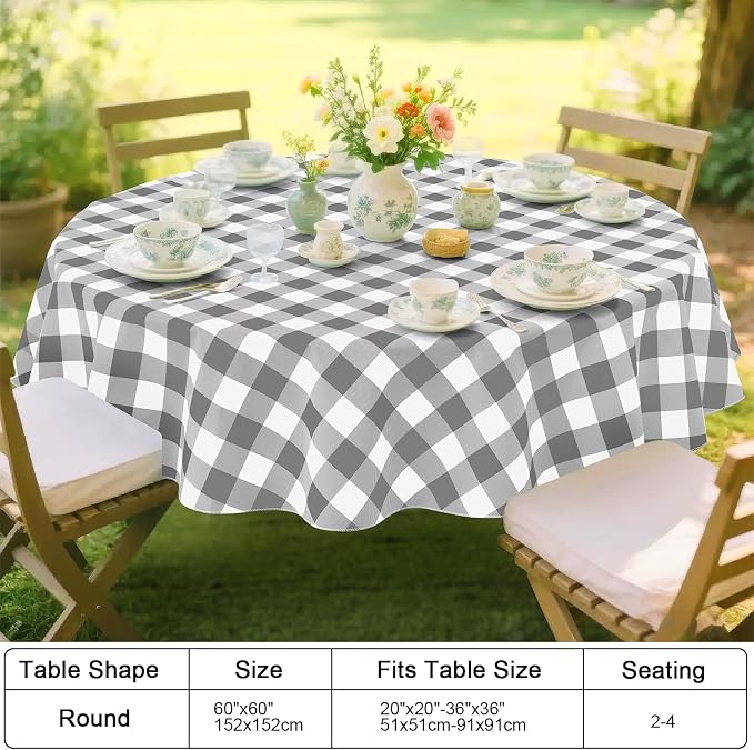 Smiry Picnic Table Cloth, Vinyl Tablecloths with Flannel Backing, 60" Round | Waterproof Picnic Table Cloth, Wipeable Buffalo Plaid Table Cover for Indoor and Outdoor (Grey & White)