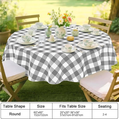 Smiry Picnic Table Cloth, Vinyl Tablecloths with Flannel Backing, 60" Round | Waterproof Picnic Table Cloth, Wipeable Buffalo Plaid Table Cover for Indoor and Outdoor (Grey & White)