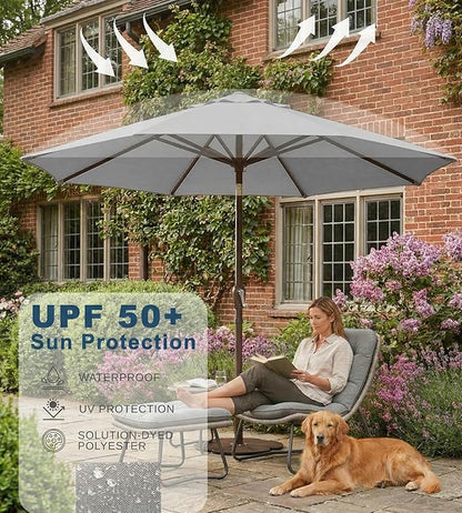 PatioKingdom 9FT Patio Outdoor Umbrella-UPF 50+ Sun Shade with Wind Vent, Push-Button Tilt & Smooth Crank Lift, Rust-Resistant Fiberglass Frame for Garden, Backyard,Yard (Light Gray)