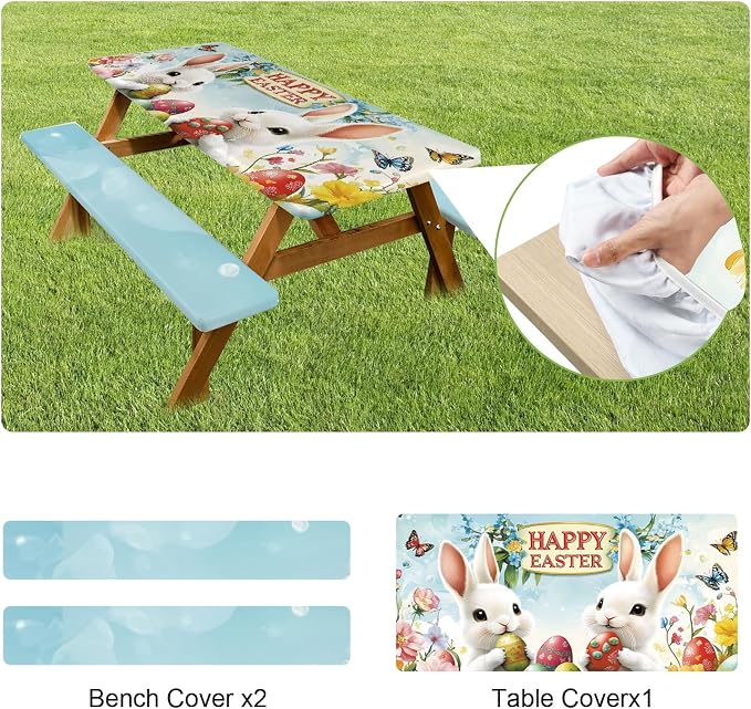 ANNA QUEEN Easter Garden 6FT Picnic Table Cover with Bench Covers Set of 3 with Drawstring Bag, Bunny Eggs Flowers 72"x30" Waterproof Picnic Tablecloth & Bench Covers for Outdoor Dining
