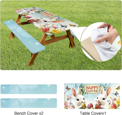ANNA QUEEN Easter Garden 6FT Picnic Table Cover with Bench Covers Set of 3 with Drawstring Bag, Bunny Eggs Flowers 72"x30" Waterproof Picnic Tablecloth & Bench Covers for Outdoor Dining
