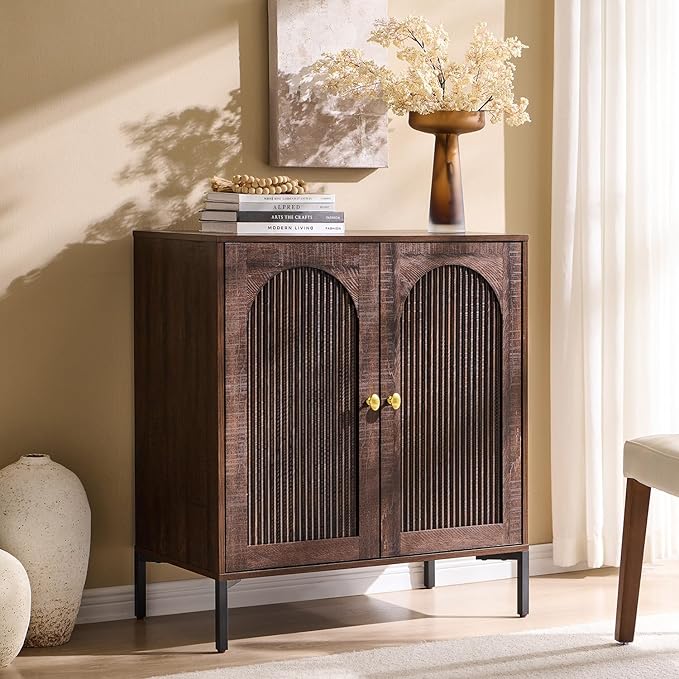 IFBUY Modern Sideboard Buffet Cabinet, 34" Tall Fluted Arched Buffet Cabinet with Storage and Adjustable Shelf, Wooden Modular Coffee Bar Cabinets for Kitchen, Entryway, Brown