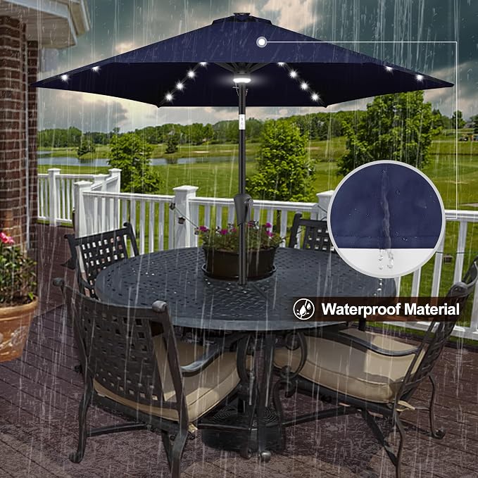 FLAME&SHADE Solar Patio Umbrella with Centre Light, 7.5 FT Navy Blue | UV Protection, Small Solar Outdoor Umbrella for Porch, Deck, Backyard, Garden, Provides Evening Lighting, 24 LED Lights