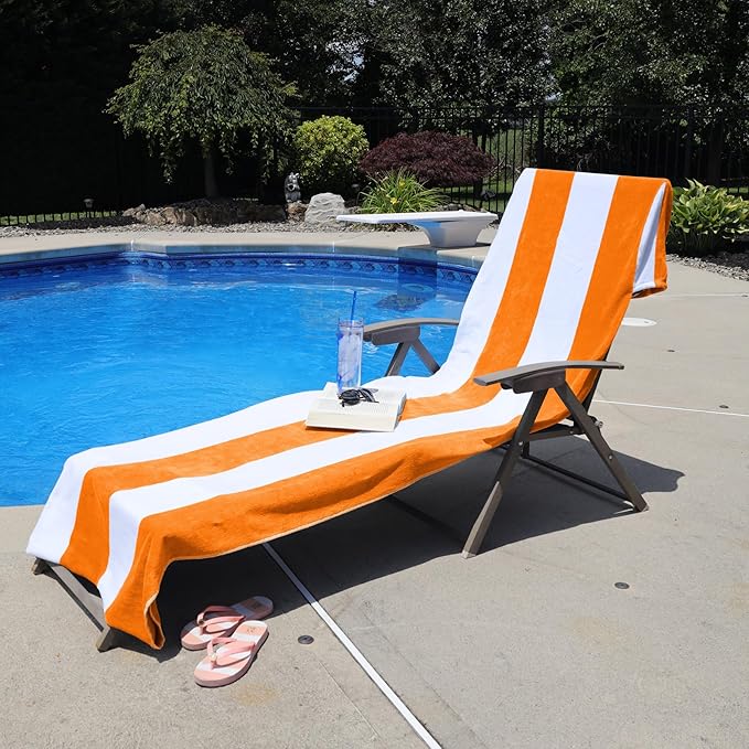 Superior Cabana Cotton Lounge Chair Cover, Outdoor Towel/Chaise Furniture Covers, Terry Cloth, Beach, Spa, Swim Accessories, Pool Chair Cover, Soft, Quick Drying, 32" x 102", Orange