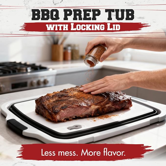 Collapsible XL Smoker & BBQ Prep Tub with Locking Lid | Includes Cutting Board, Meat Marinade & Brine Container For Turkey, Brisket & Ribs - Best Grill Accessories Gifts For Men