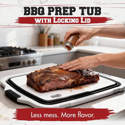 Collapsible XL Smoker & BBQ Prep Tub with Locking Lid | Includes Cutting Board, Meat Marinade & Brine Container For Turkey, Brisket & Ribs - Best Grill Accessories Gifts For Men