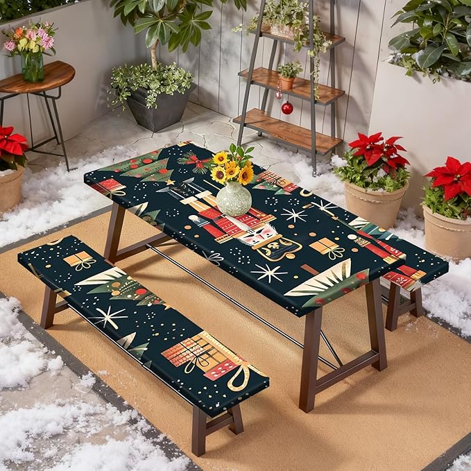 Christmas Picnic Table Cover with Bench Cover, Outdoor Picnic Table Elastic Tablecloth, Walnut Clip and Gift Box Design, Durable Tablecloth for Camping, Barbecue and Coliday Parties.