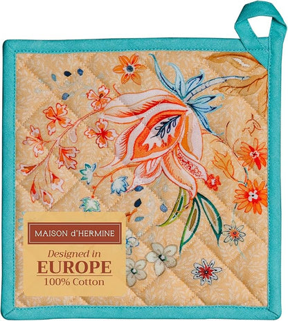 Maison d' Hermine Pot Holders 100% Cotton Heat Resistant Potholders 8" x 8" Hot Pads with Loop BBQ Baking Hotel Farmhouse Kitchen Handling Hot Pans Spring Summer (Pack of 1, Luxury Loft - Peach)