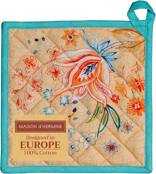 Maison d' Hermine Pot Holders 100% Cotton Heat Resistant Potholders 8" x 8" Hot Pads with Loop BBQ Baking Hotel Farmhouse Kitchen Handling Hot Pans Spring Summer (Pack of 1, Luxury Loft - Peach)