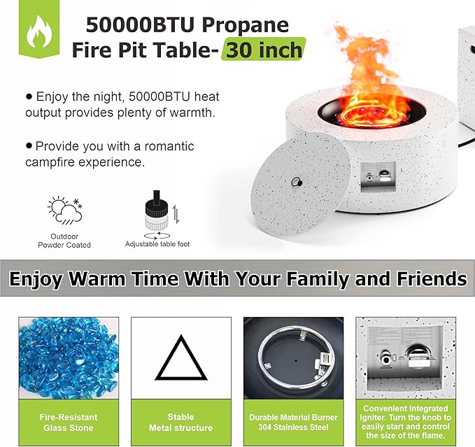 2-Piece Outdoor Propane Fire Pit Table Set w Tank Side Table 30'' Round Fire Pit Table 2-in-1 Firepit Table for Outside Patio Gas Fire Pit w 304 Stainless Steel Burner 50,000 BTU,Speckled White﻿