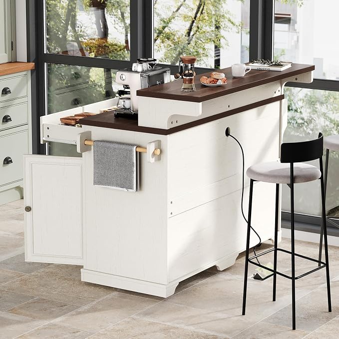 Merax 53.2" Two-Tier Kitchen Island with Storage, Farmhouse Kitchen Island with Power Outlet, 4 Door Shelves, Adjustable Shelves, 3 Drawers, Rolling Island Table, Bar Cabinet for Kitchen, Rustic White
