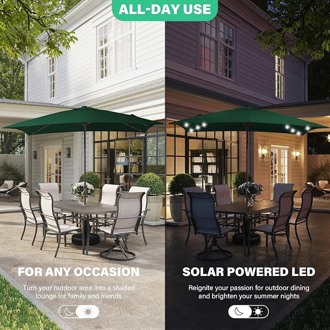 JEAREY 8x10' Rectangle LED Lighted Umbrella Patio Umbrella Outdoor w/Crank | Solar Market Umbrellas with 8 Sturdy Ribs, UV Protection Waterproof Sunproof for Pool, Deck, Backyard(Dark Green)