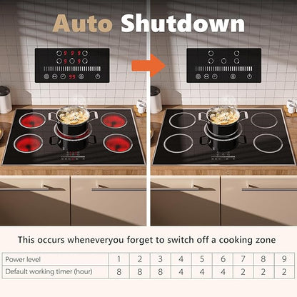 30 Inch Electric Cooktop, 5 Burner Electric Stove Top 6900W, 30" Built-In Ceramic Countertop with Metal Frame, Child Lock, Timer, Slide Control, 220-240V Hardwired (No Plug)