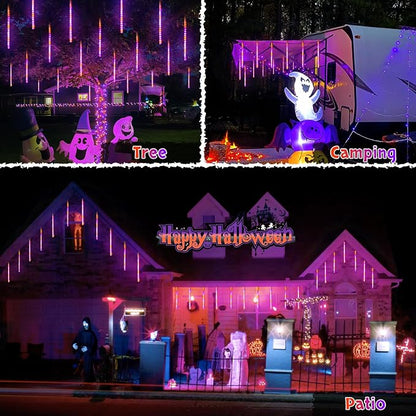 JMEXSUSS Orange and Purple Solar Halloween Lights Outdoor | 8 Tube 144 LEDs Solar Meteor Shower Rain Lights for Halloween Tree Yard Party Patio Christmas Decoration