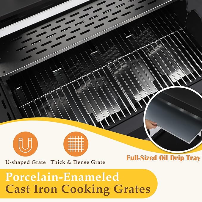 4-Burners Propane Gas BBQ Grill with Top Cover Lid&Side Burner, 50,000BTU Outdoor Gas Grill with Stainless Steel Grates, Storage Racks & Hooks for Patio Yard (Black without Door)