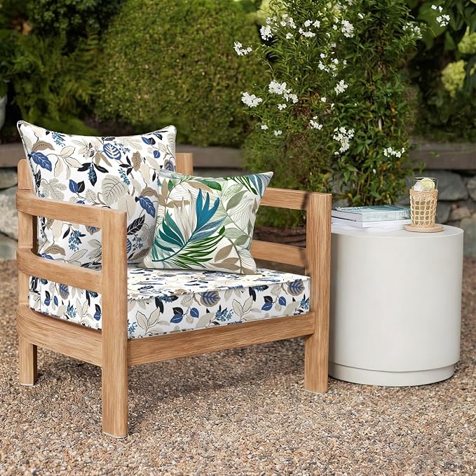 DYTXIII Outdoor Deep Seat Cushion Set, Water Repellent 24"x24" Patio Thick Cushions Replacement with Seat & Back Pillow for Patio Sofa, Wicker Chair, Couch - Breeze Leaves Beige