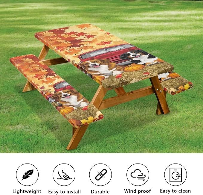 Maple Dog Pumpkin Outdoor Picnic Table Cover Thanksgiving 3 PCS Set Fitted Picnic Table Cover for Outdoor Camping