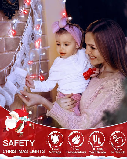 196FT 600 LED Christmas Lights Outdoor Waterproof, Timer & Memory Function, 8 Modes Red White String Lights Plug in Twinkle Lights for Xmas Tree Holiday Garden Indoor Party Decor