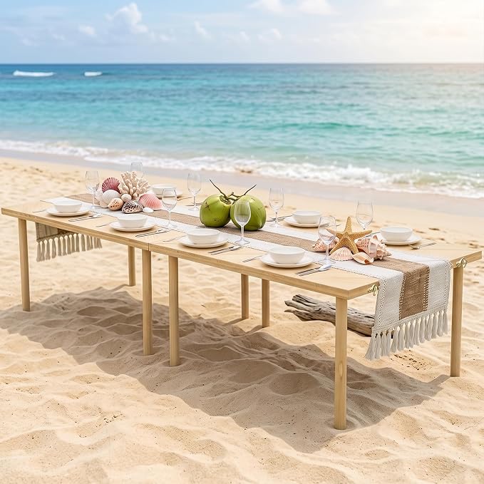 80"x30" Portable Boho Wooden Low Folding Picnic Table for Indoor Outdoor | Comes with Table Runner, Stable 8-leg Support & Thickened Structure, Thick Painted Tabletop Easy to Wipe, Fits 8-12 People