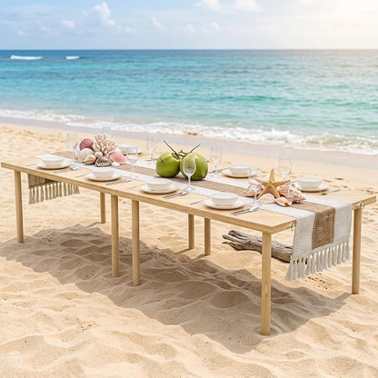 80"x30" Portable Boho Wooden Low Folding Picnic Table for Indoor Outdoor | Comes with Table Runner, Stable 8-leg Support & Thickened Structure, Thick Painted Tabletop Easy to Wipe, Fits 8-12 People