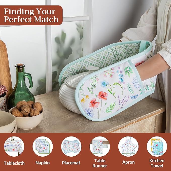 Maison d' Hermine Double Oven Mitts 100% Cotton 7"x35" Double Oven Mitt Heat Resistant BBQ Cooking Gloves with Loop Baking Grilling Kitchen Hotel Home Farmhouse Spring Summer (Just Floral)