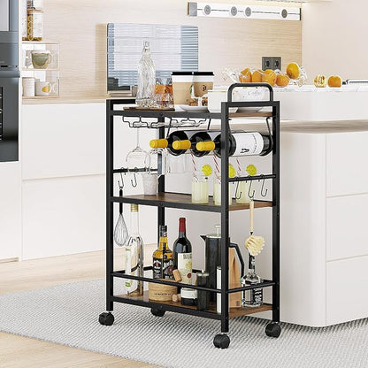 Home Bar Serving Cart, Serving Cart with Wheels and Handle, 3 Tier Rolling Kitchen Cart, Microwave Cart, Beverage Cart with Wine Holder and Glass Holders, for Dinning Room, Living Room, Black