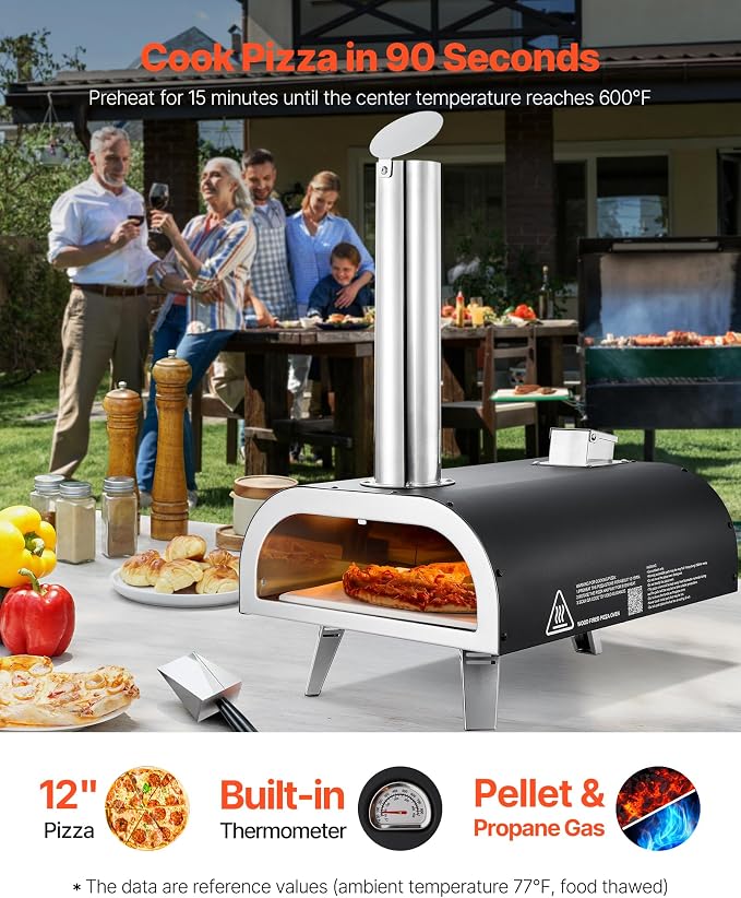 VEVOR Multi Fuel Pizza Oven Outdoor, 12 Inch Wood Fire & Propane Gas Pizza Oven, Pellet & Propane Pizza Maker with Thermometer, Pizza-Cook for Outside Kitchen Patio Camping & Backyard, Black