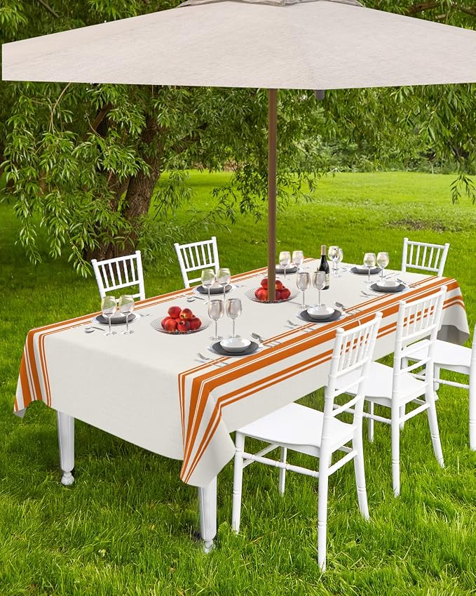 Queenker Fall Outdoor Tablecloth with Umbrella Hole, Farmhouse Orange Stripe Rectangle Tables Zippered Table Cloth Waterproof Tabletop Cover Collection for Patio, Garden, Picnic, Camping, Dining