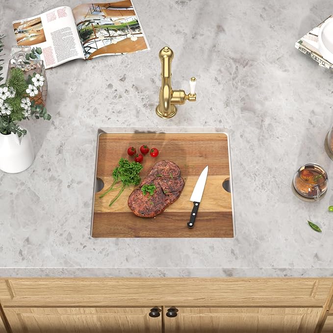 18x18 Inch Undermount Bar Sink Workstation - White Granite Composite All-In One Single Bowl Classic Quartz Wet Prep Sink with Cutting Board for Kitchen Bar, RV, Boat, and Outdoor #TLGU-131