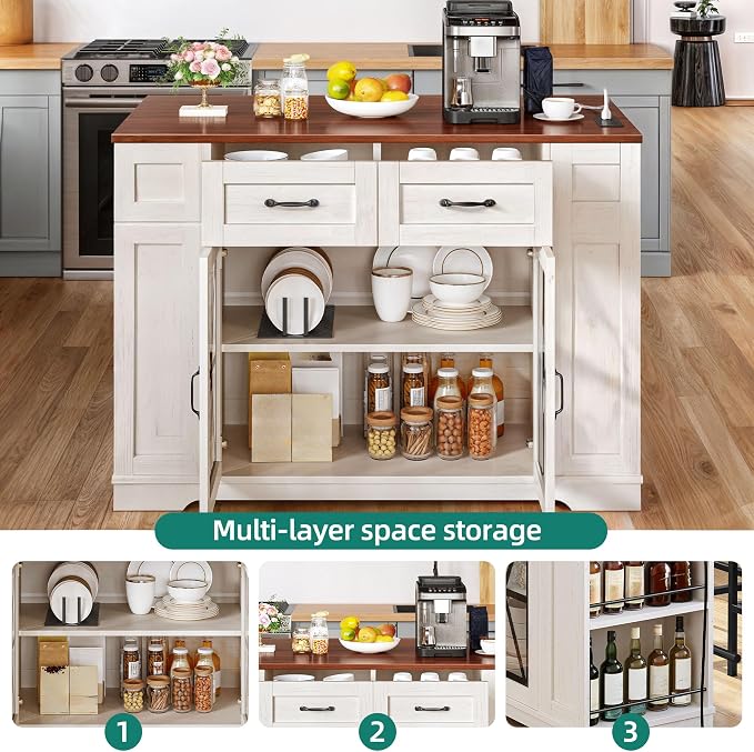 YITAHOME Kitchen Island with Seating | 47 Inch Mobile Storage Island with Drop Leaf, Power Outlet & Spice Rack, 2 Upholstered Stools and Footrest