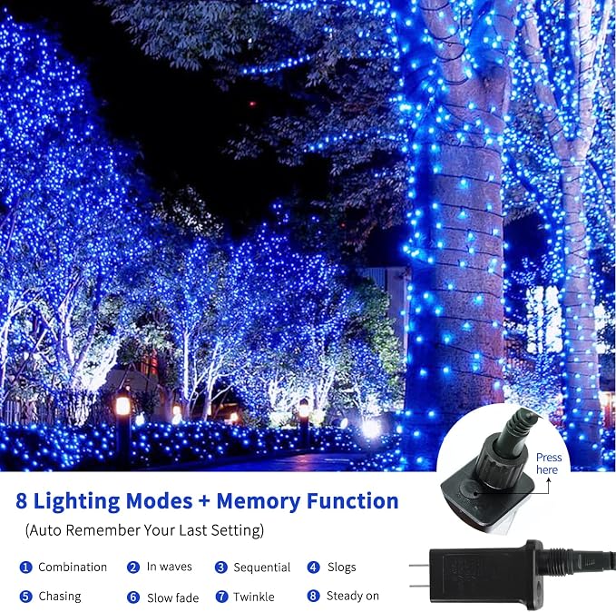 MZD8391 105FT 300LED Christmas Light Outdoor Indoor, Christmas Tree Lights | Blue, 100% UL Listed, Waterproof, 8 Light Mode, Timer & Memory, End To End Connect, Halloween String Lights Outdoor Indoor