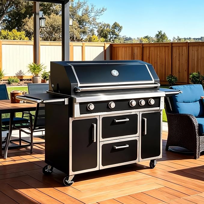 49" Stainless Steel Propane Gas Grill, 4 Burners & Infrared Burner, Black | 304 stainless steel 99,000 BTU Infrared burner Versatile cooking space Storage drawers Warming rack Versatile cooking space