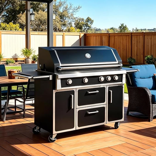 49" Stainless Steel Propane Gas Grill, 4 Burners & Infrared Burner, Black | 304 stainless steel 99,000 BTU Infrared burner Versatile cooking space Storage drawers Warming rack Versatile cooking space