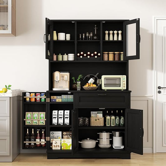 Shintenchi Kitchen Pantry Storage Cabinet, Freestanding Buffet Cabinet with Microwave Stand & 3 Door Shelves, Kitchen Hutch with Doors, Adjustable Shelves and Wine Rack, Black