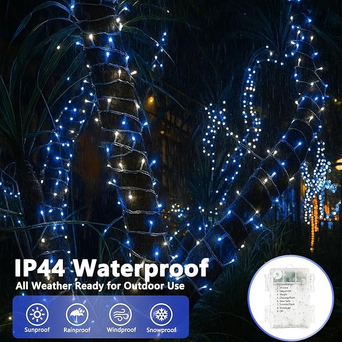 2 Pack String Lights Battery Operated with Timer, 66FT 200 LED Waterproof Battery Twinkle Lights, 8 Modes Fairy Light for Indoor & Outdoor Party Bedroom Porch Tree Christmas Decorations (Blue & White)