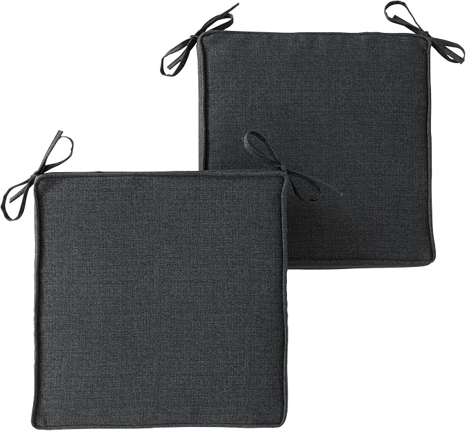 Outdoor 18 inch Square Patio Dining Chair Pads – Comfortable Fiber-Filled Seat Cushions with Ties, Reversible Polyester Fabric - Carbon, Set of 2