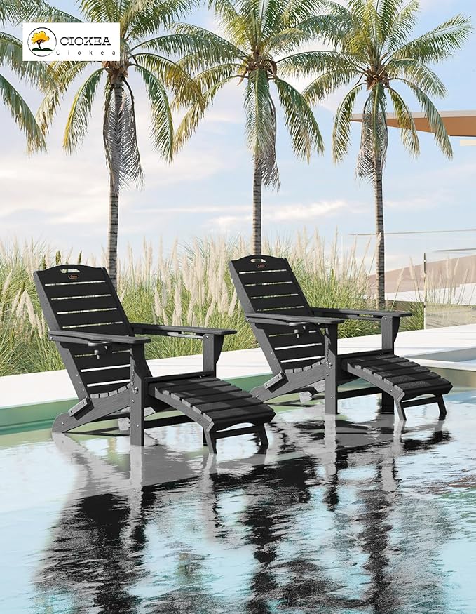 Ciokea Folding Adirondack Chair Set of 2 with Retractable Ottoman Fire Pit Patio Chair with Pull Out Foot Rest Weather Resistant Lawn Outdoor Chair with 2 Cup Holder (Black)