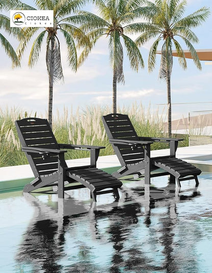Ciokea Folding Adirondack Chair Set of 2 with Retractable Ottoman Fire Pit Patio Chair with Pull Out Foot Rest Weather Resistant Lawn Outdoor Chair with 2 Cup Holder (Black)