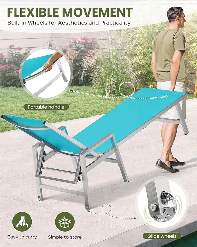 Patio Chaise Lounge Chair Outdoor Set of 2 with Wheels&Armrests, Aluminum Pool Lounge Chairs Five-Position Adjustable Recliner, Outdoor Beach Lounge Chairs for Poolside, Patio, Deck, Yard, Lake Blue