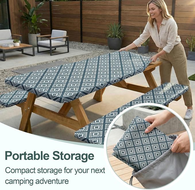 Picnic Table Cover Bench Covers Camping Essentials Tablecloth | Waterproof Vinyl for Outdoor, Windproof Elastic Fitted Edges, RV BBQ Accessories Must Haves, Storage Bag Included