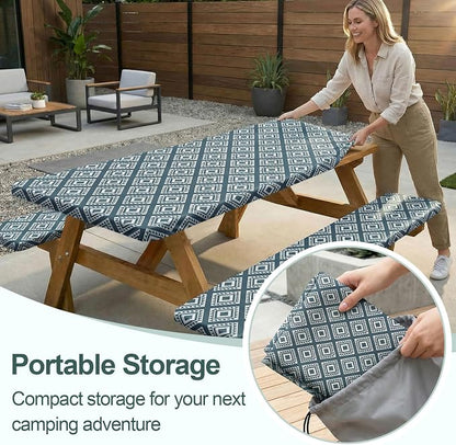 Picnic Table Cover Bench Covers Camping Essentials Tablecloth | Waterproof Vinyl for Outdoor, Windproof Elastic Fitted Edges, RV BBQ Accessories Must Haves, Storage Bag Included