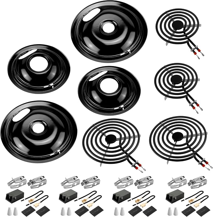 MP22YA Stove Burner & Black Porcelain Drip Pan with 330031 Receptacle Kit | Porcelain Stove Drip Pans of 4 & MP22YA Electric Range Burner Fit for Amana Whirlpool Stove, Replace W10290350 W10290353