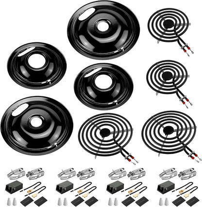 MP22YA Stove Burner & Black Porcelain Drip Pan with 330031 Receptacle Kit | Porcelain Stove Drip Pans of 4 & MP22YA Electric Range Burner Fit for Amana Whirlpool Stove, Replace W10290350 W10290353
