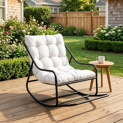 Outdoor Rocking Chairs, Metal Frame Outdoor Rocker with Footrest, Comfy Oversized Patio Chair with Thick Cushion, Reading Glider Lounge Chair for Living Room, Bedroom, Garden, Relax, White