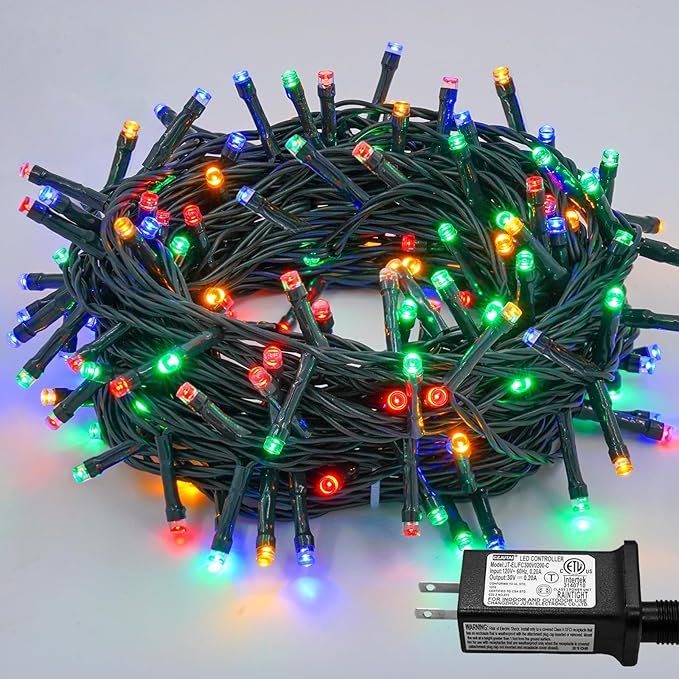 YEGUO 66ft 200 LED String Light Outdoor Waterproof, 8 Modes Christmas Lights Multicolor, Green Wire Twinkle Tree Light Plug in with Timer Memory