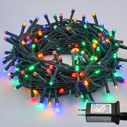 YEGUO 66ft 200 LED String Light Outdoor Waterproof, 8 Modes Christmas Lights Multicolor, Green Wire Twinkle Tree Light Plug in with Timer Memory