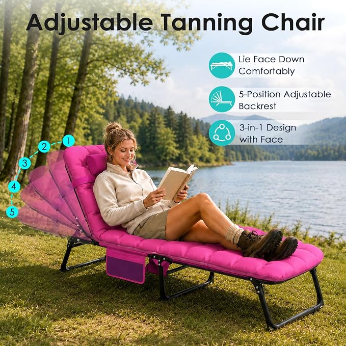 Suteck Tanning Chair with Face Hole, Folding Beach Lounge Chairs, Pink | Adjustable 5-Position Reclining Chaise, Removable Cushion & Pillow, Cooler Bag, 500Lbs Heavy-Duty for Outdoor Camping& Home