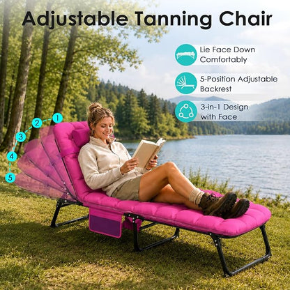 Suteck Tanning Chair with Face Hole, Folding Beach Lounge Chairs, Pink | Adjustable 5-Position Reclining Chaise, Removable Cushion & Pillow, Cooler Bag, 500Lbs Heavy-Duty for Outdoor Camping& Home